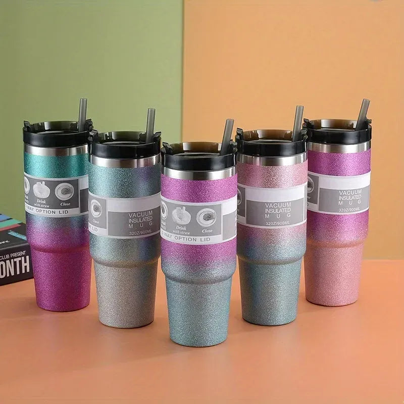 Stainless Steel Water Bottle 30oz, Diamond Painted Coffee Beer Mug, Straw Lid, Leakproof, Travel, Fitness, Sports - Kalesh Monk