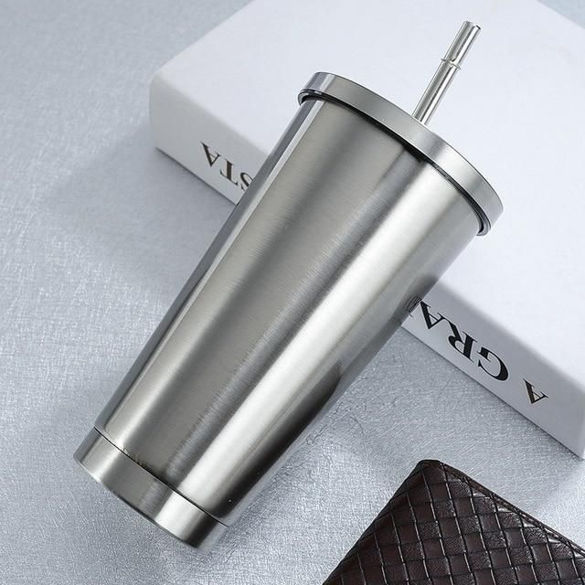 Double Wall Vacuum Insulated Tumbler with Steel Straw & Lid – Leakproof, Travel-Friendly, 500ml - Kalesh Monk