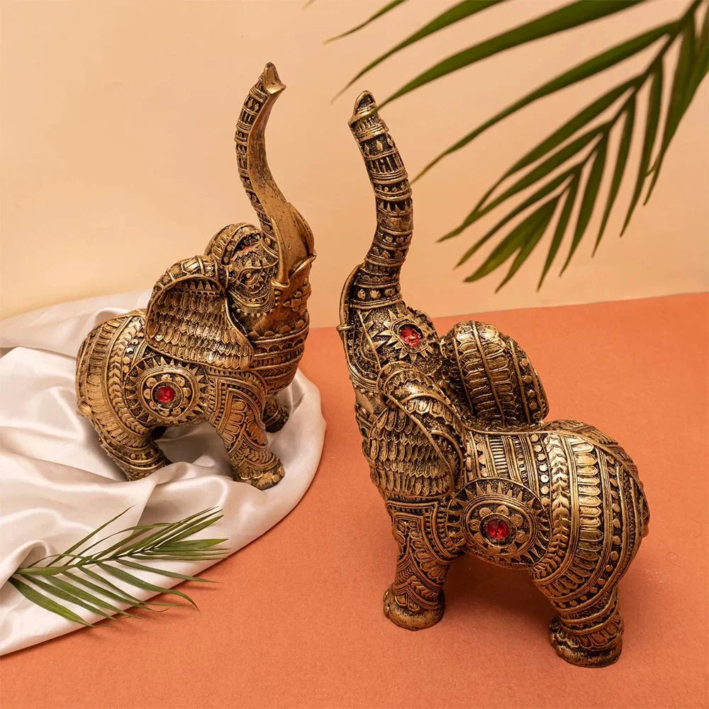 Set Of 2 Trunk Up Elephant Family Statue Showpiece Figurine indian Handicraft - Kalesh Monk