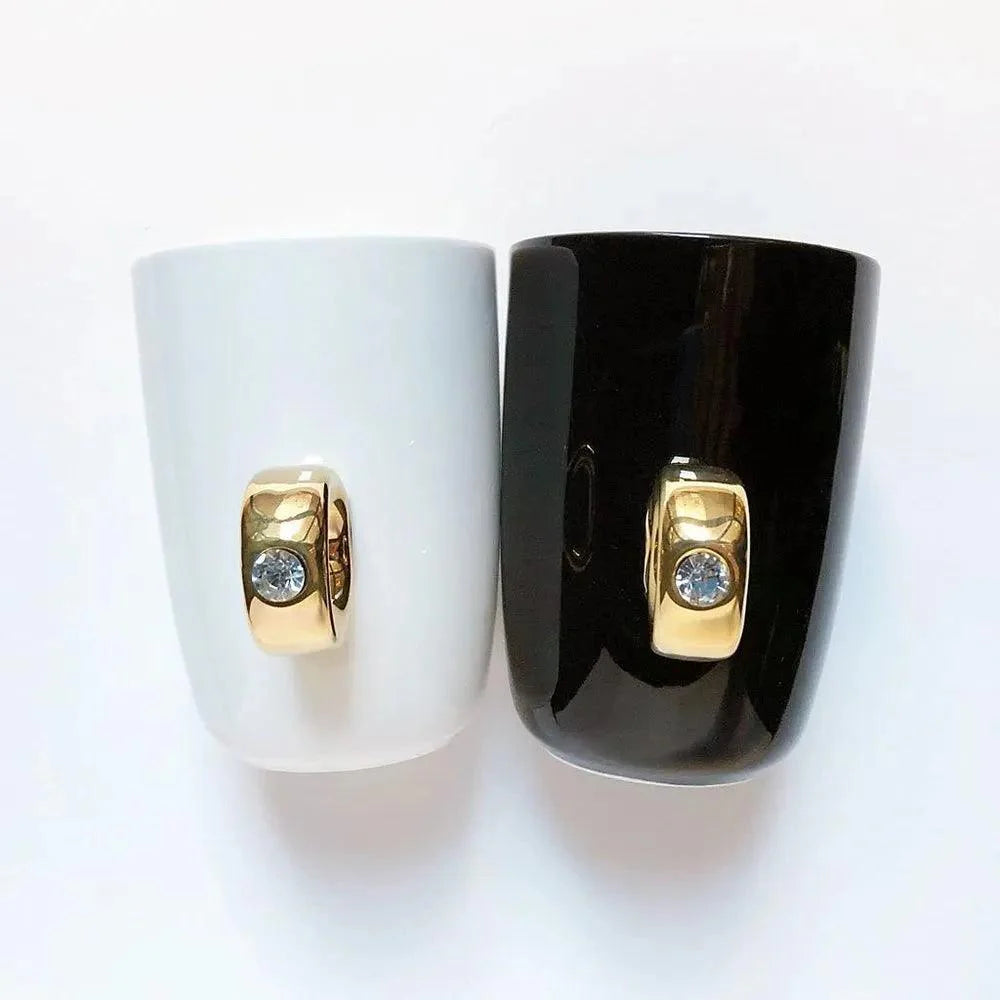 Ceramic Black & White Mug Gold Coffee Tea Diamond Solitaire Ring