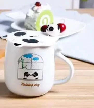 3D Mouth Lid Printed Panda Ceramic Coffee with Stainless Spoon