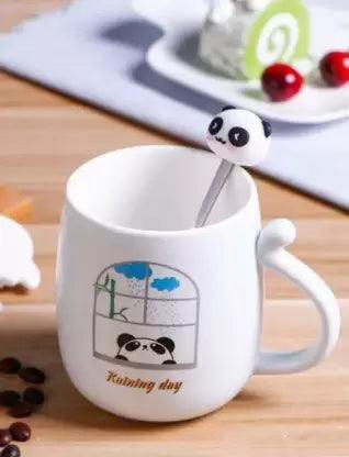 3D Mouth Lid Printed Panda Ceramic Coffee with Stainless Spoon