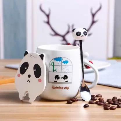 3D Mouth Lid Printed Panda Ceramic Coffee with Stainless Spoon