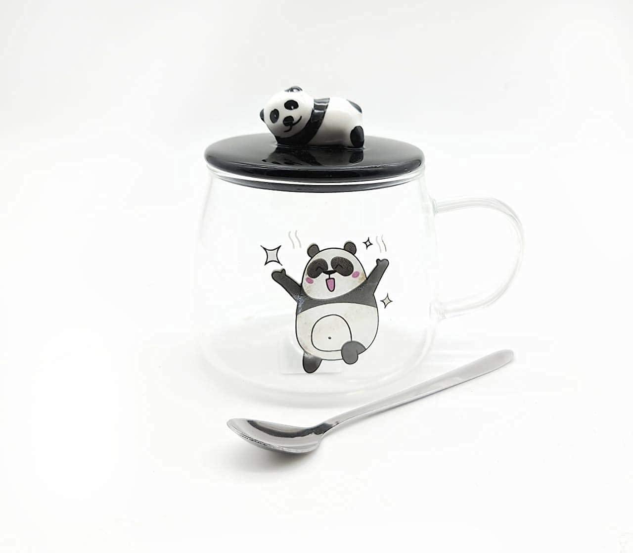 Cute Panda Printed Transparent Coffee/Tea Mug with Lid Cover