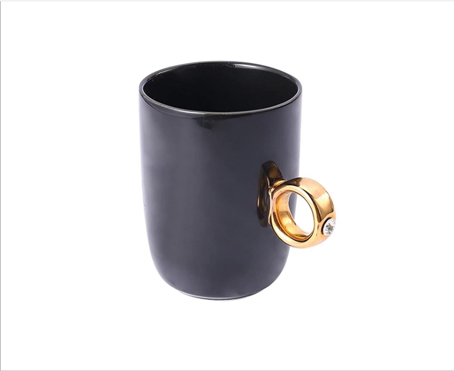 Porcelain Black Mug Gold Coffee Tea Diamond Solitaire Ring