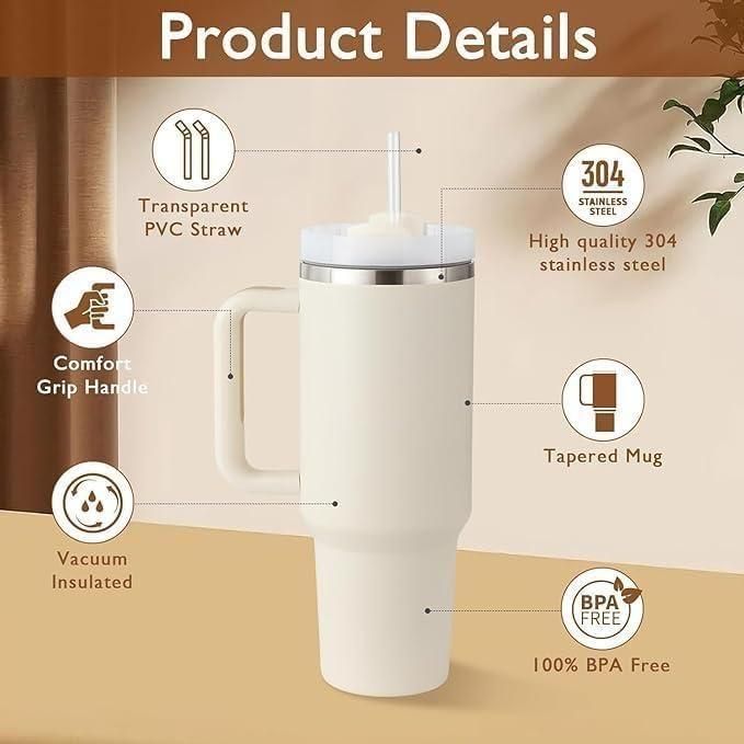 1180ml Stainless Steel Insulated Tumbler with Handle & Straw – Big Mood Mug for Coffee, Water, Iced Drinks | Leak-Proof, BPA-Free, Travel-Ready & Desk-Approved – Sip Hot, Sip Cold, Stay Kalesh