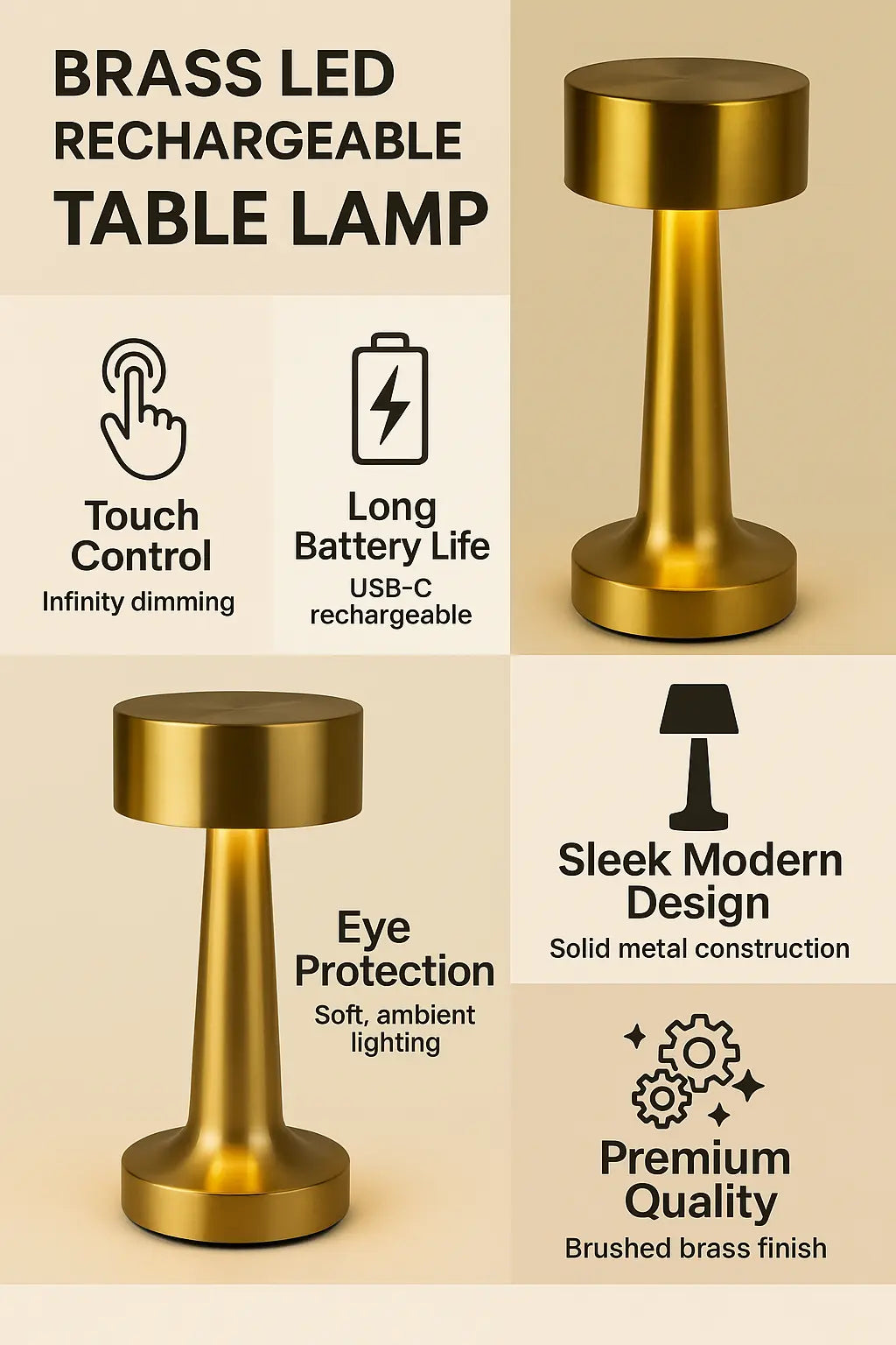 Cylinder Rechargeable LED Table Lamp – Touch Dimming, Cordless Design, Flicker-Free Eye Protection Light for Home & Office - Kalesh Monk