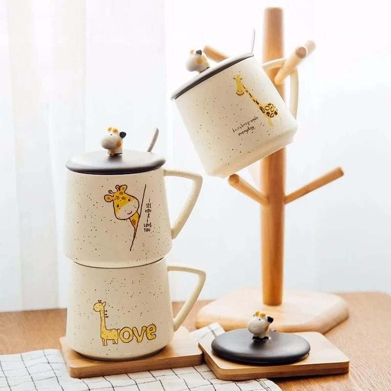 Giraffe Ceramic Coffee Mug with Lid & Spoon (400 ml / 13.5 oz)