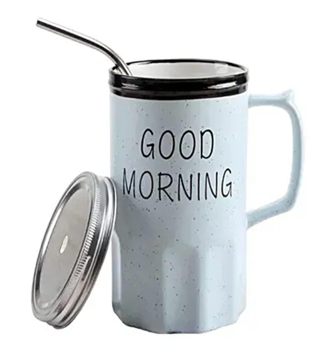 Good Morning Printed Ceramic Mug with Stainless Steel Straw for Cold Coffee and Ice Tea