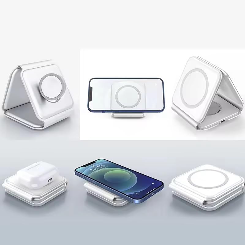 Magnetic Folding Mag-Safe Compatible with iPhone 16 to 12 Series | Compatible with only Apple Watch Series | AirPods 2, 3, Pro | 23W Charging | Wireless Charger - Pearl White - Kalesh Monk