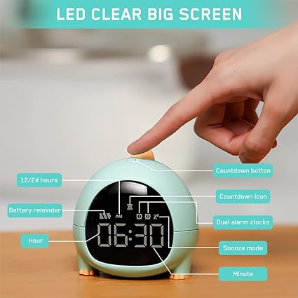 Cute Dinosaur Alarm Clock with USB Charging Port, 2 Alarms Loud LED Display, Snooze Function, Desk Clock Adjustable Ringtone Timed Reminder Dual Alarms, Snooze, Digital Display, Nap Timer, 8 Levels Adjustable Volume for Kids - Kalesh Monk