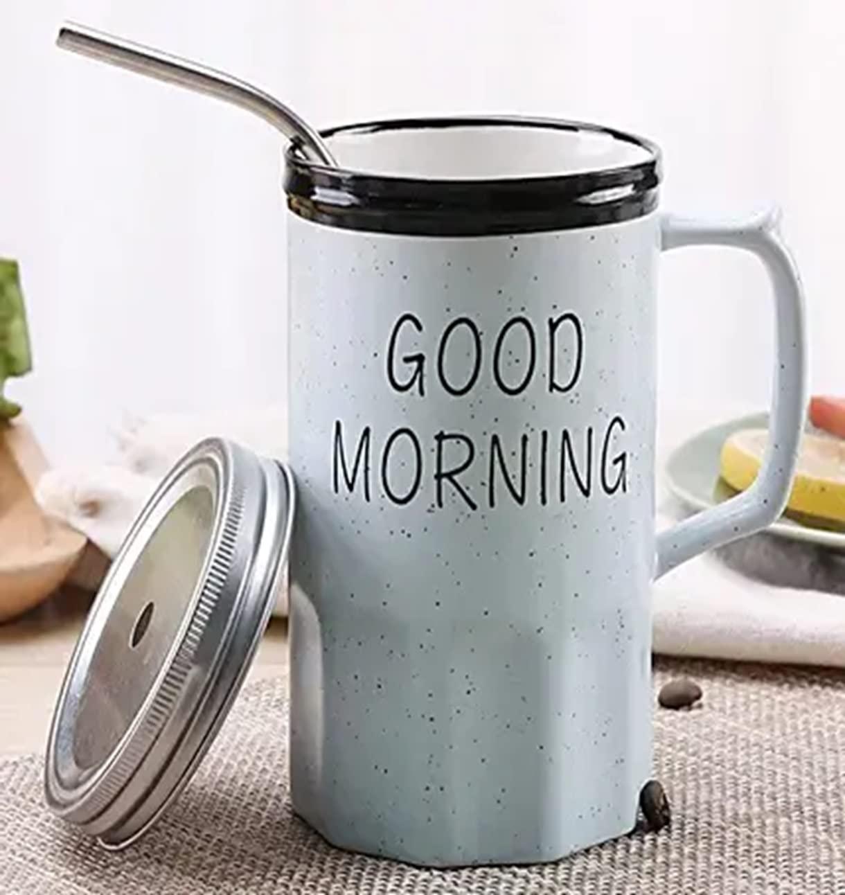 Good Morning Printed Ceramic Mug with Stainless Steel Straw for Cold Coffee and Ice Tea