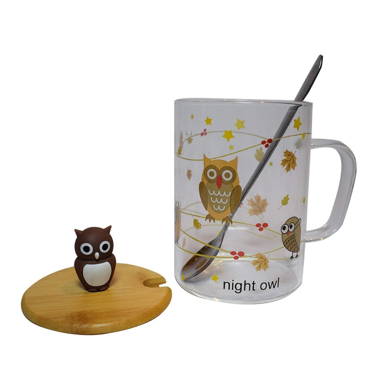 Ceramic Coffee/Milk Mugs with Owl Cup Lid and Spoon - 1 Piece, Brown, 450 ml