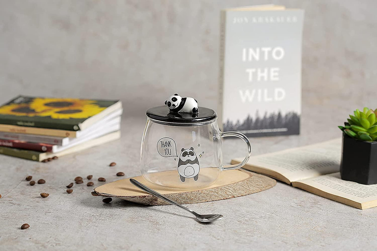 Cute Panda Printed Transparent Coffee/Tea Mug with Lid Cover