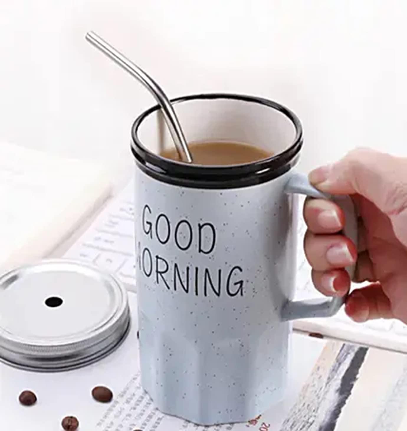 Good Morning Printed Ceramic Mug with Stainless Steel Straw for Cold Coffee and Ice Tea