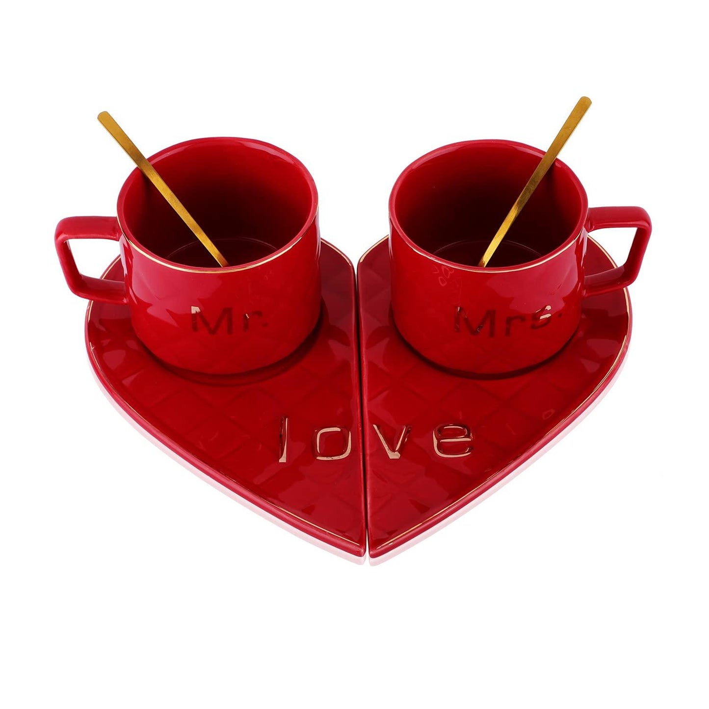 Mr. and Mrs. Ceramic Mugs/Tea Cup With Heart Shape Saucer 2Pc, 250 milliliter