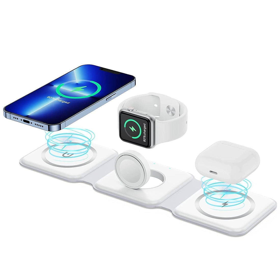 Magnetic Folding Mag-Safe Compatible with iPhone 16 to 12 Series | Compatible with only Apple Watch Series | AirPods 2, 3, Pro | 23W Charging | Wireless Charger - Pearl White - Kalesh Monk