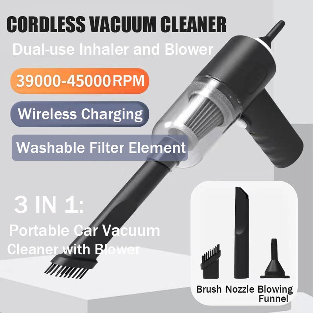 3-in-1 Portable Vacuum Cleaner with Blower | Wireless Handheld Cleaner for Car & Camping Use