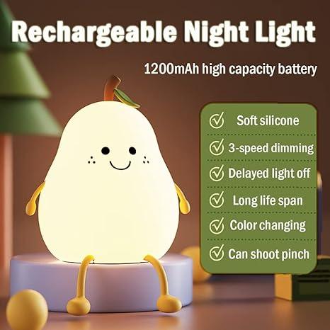 Silicone Pear LED Night light Lamp, Cute Funny Fruit Led Night Light with Legs, 7 Color Changing Light for Bedroom Gift for Christmas,  Halloween Party.