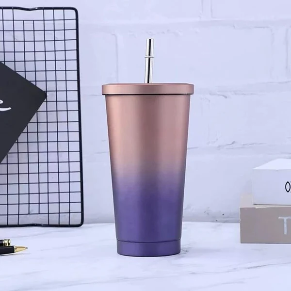Double Wall Vacuum Insulated Tumbler with Steel Straw & Lid – Leakproof, Travel-Friendly, 500ml - Kalesh Monk