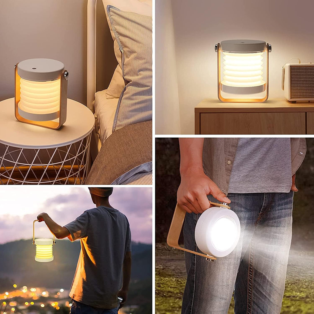 4-in-1 Foldable Table Lamp, USB Rechargeable LED Light, Wooden Handle Portable Lantern Light and Flashlight - Kalesh Monk