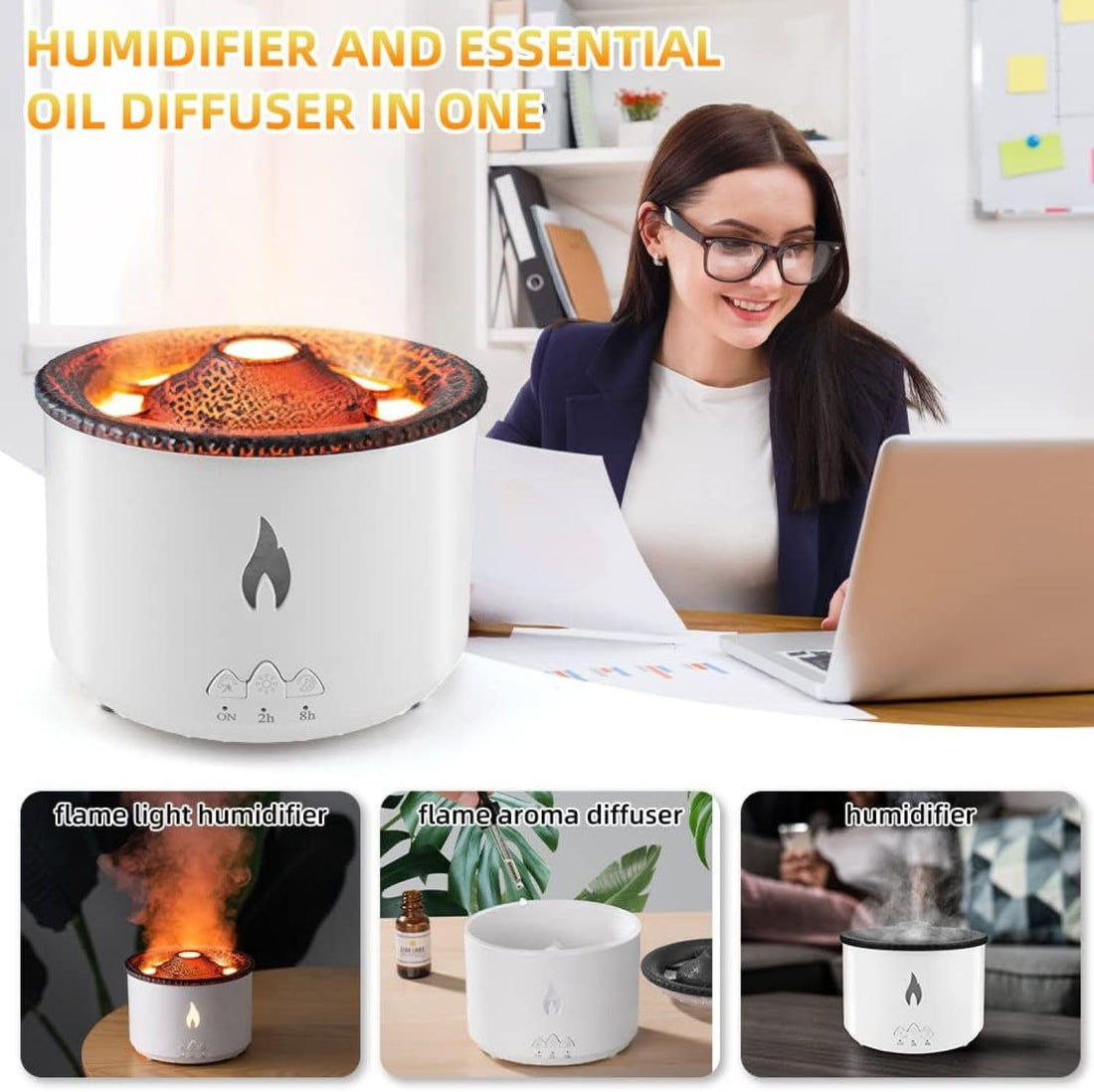 Volcano Flame Aromatherapy Humidifier for Home | with Dual Colour Flame Orange & Ice Blue | Ultrasonic Essential Oil Aroma Diffuser