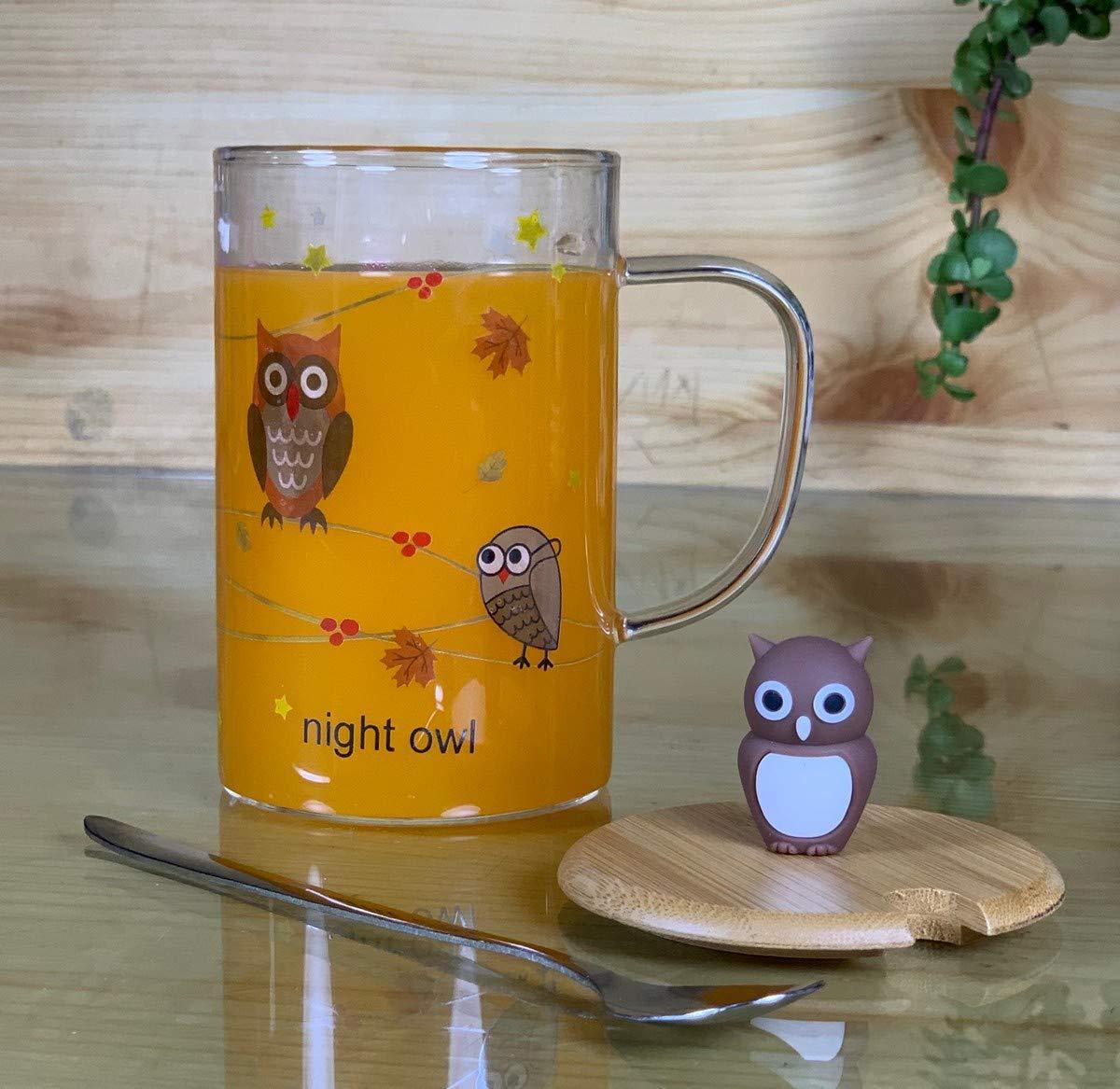 Ceramic Coffee/Milk Mugs with Owl Cup Lid and Spoon - 1 Piece, Brown, 450 ml