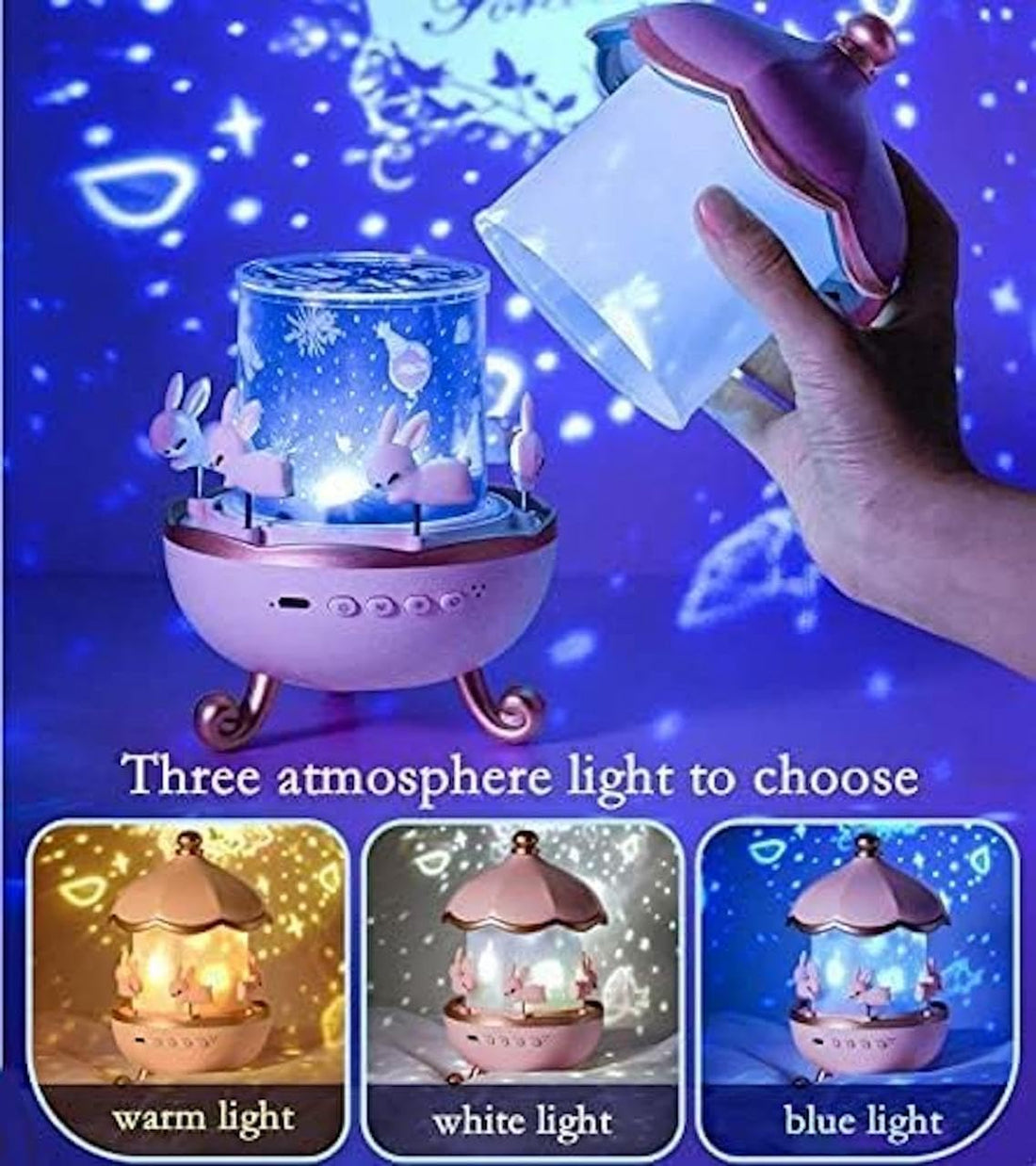 Bunny Night Light Cabin Projector Lamp 360° Rotatable LED Night Lamp for Kids Room Decor, Kids Night Lights for Girls Bedroom Film Shade, Star Projector, USB Powered Birthday Gift for Kids