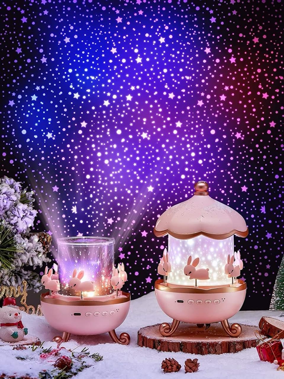Bunny Night Light Cabin Projector Lamp 360° Rotatable LED Night Lamp for Kids Room Decor, Kids Night Lights for Girls Bedroom Film Shade, Star Projector, USB Powered Birthday Gift for Kids