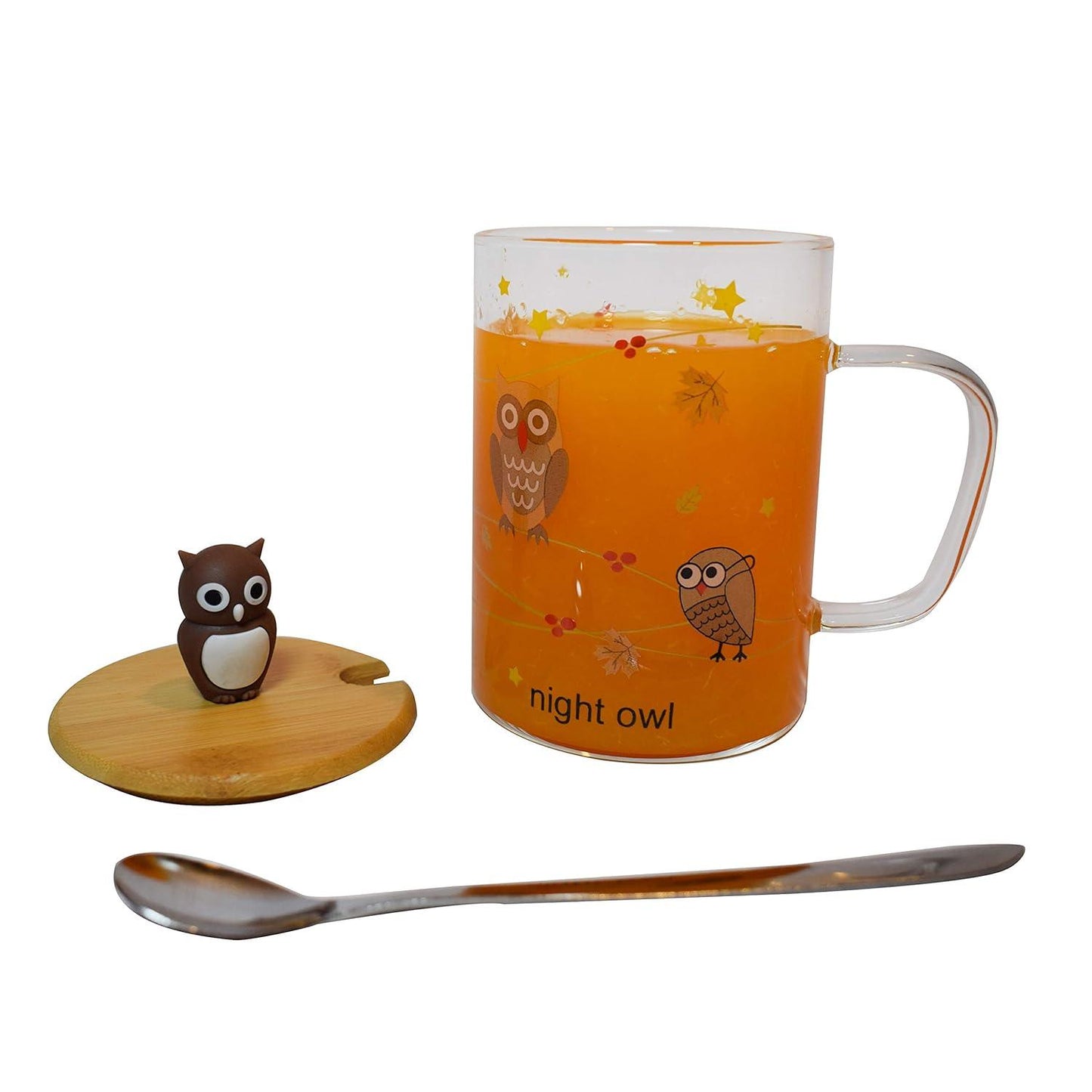 Ceramic Coffee/Milk Mugs with Owl Cup Lid and Spoon - 1 Piece, Brown, 450 ml