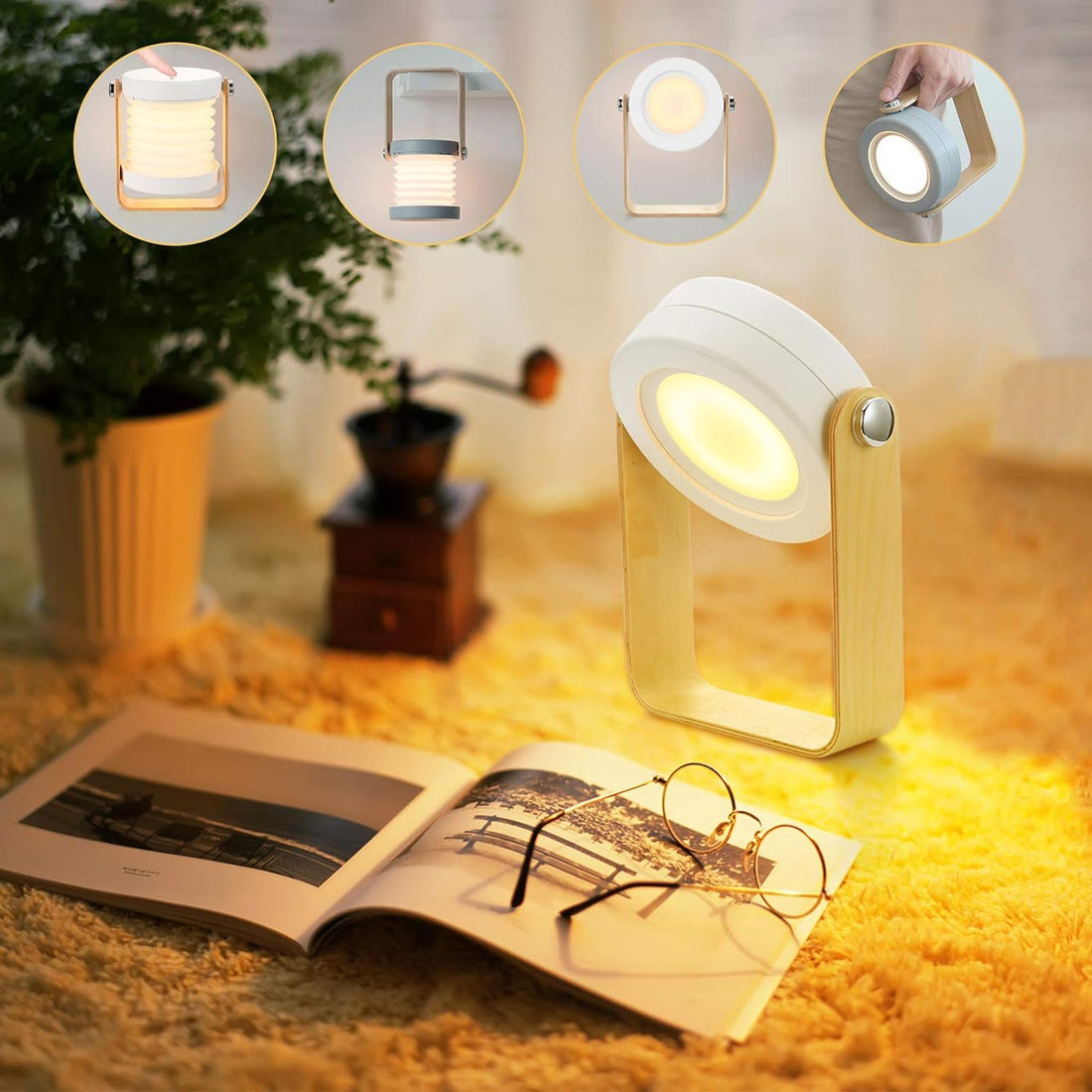 4-in-1 Foldable Table Lamp, USB Rechargeable LED Light, Wooden Handle Portable Lantern Light and Flashlight - Kalesh Monk