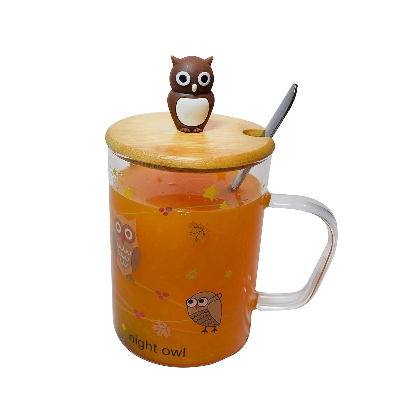 Ceramic Coffee/Milk Mugs with Owl Cup Lid and Spoon - 1 Piece, Brown, 450 ml