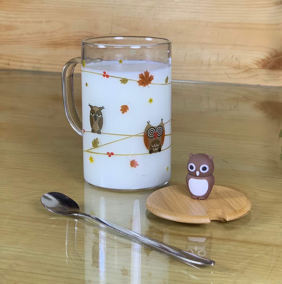 Ceramic Coffee/Milk Mugs with Owl Cup Lid and Spoon - 1 Piece, Brown, 450 ml