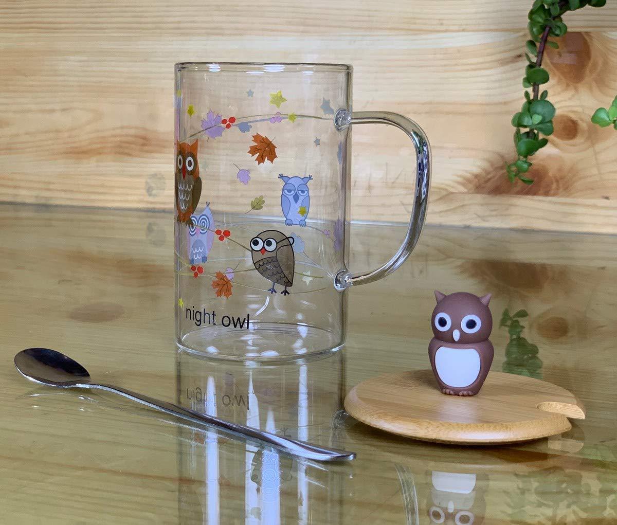 Ceramic Coffee/Milk Mugs with Owl Cup Lid and Spoon - 1 Piece, Brown, 450 ml