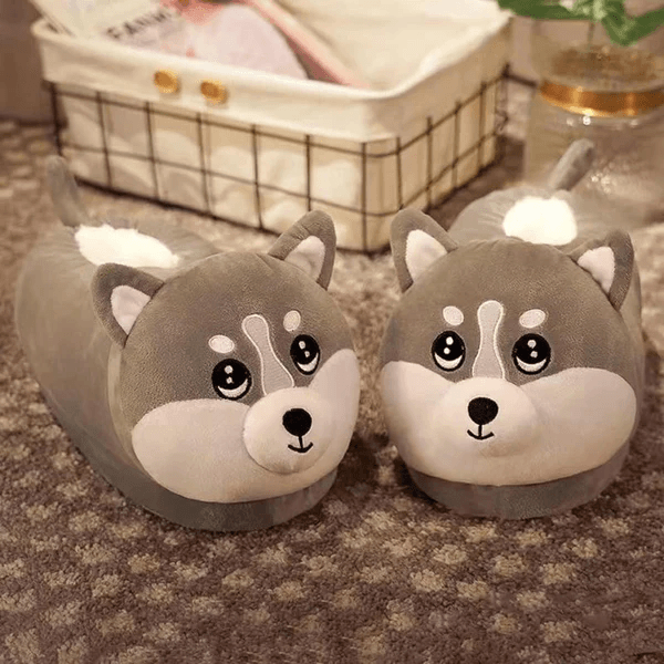 Husky Slippers Plush Lining Non Slip Winter House Slippers for Couples Christmas Gift (Universal Size)