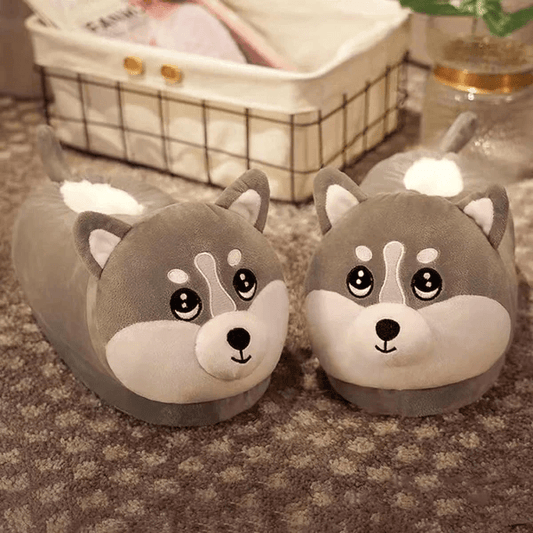 Husky Slippers Plush Lining Non Slip Winter House Slippers for Couples Christmas Gift (Universal Size)