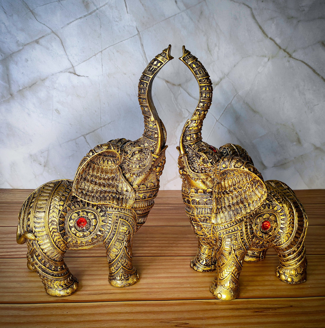 Set Of 2 Trunk Up Elephant Family Statue Showpiece Figurine indian Handicraft - Kalesh Monk