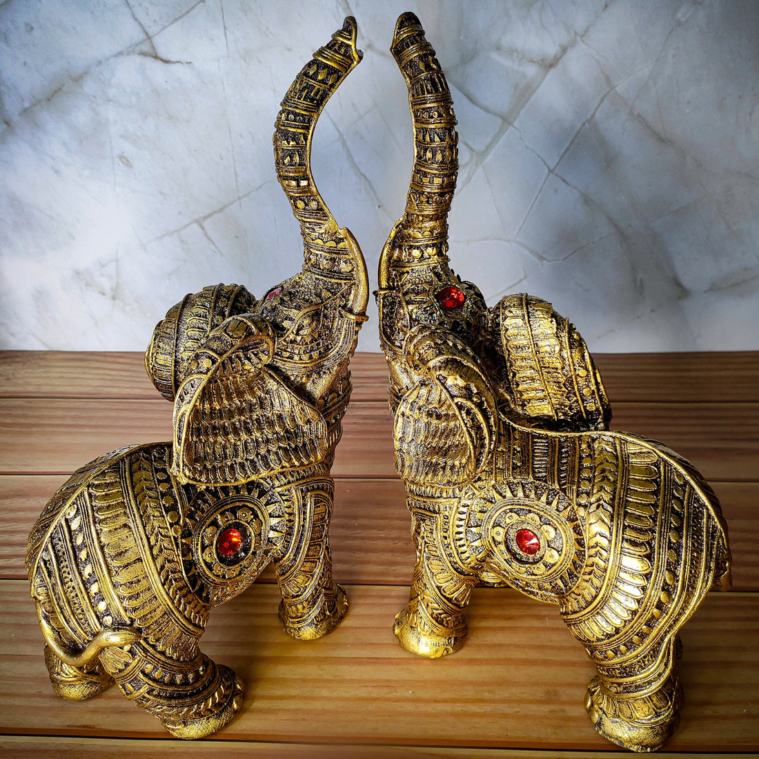 Set Of 2 Trunk Up Elephant Family Statue Showpiece Figurine indian Handicraft - Kalesh Monk