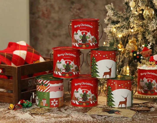 Christmas-Themed Metal Bucket for Candy, Cookies & Treats - Perfect Holiday Gift Packaging