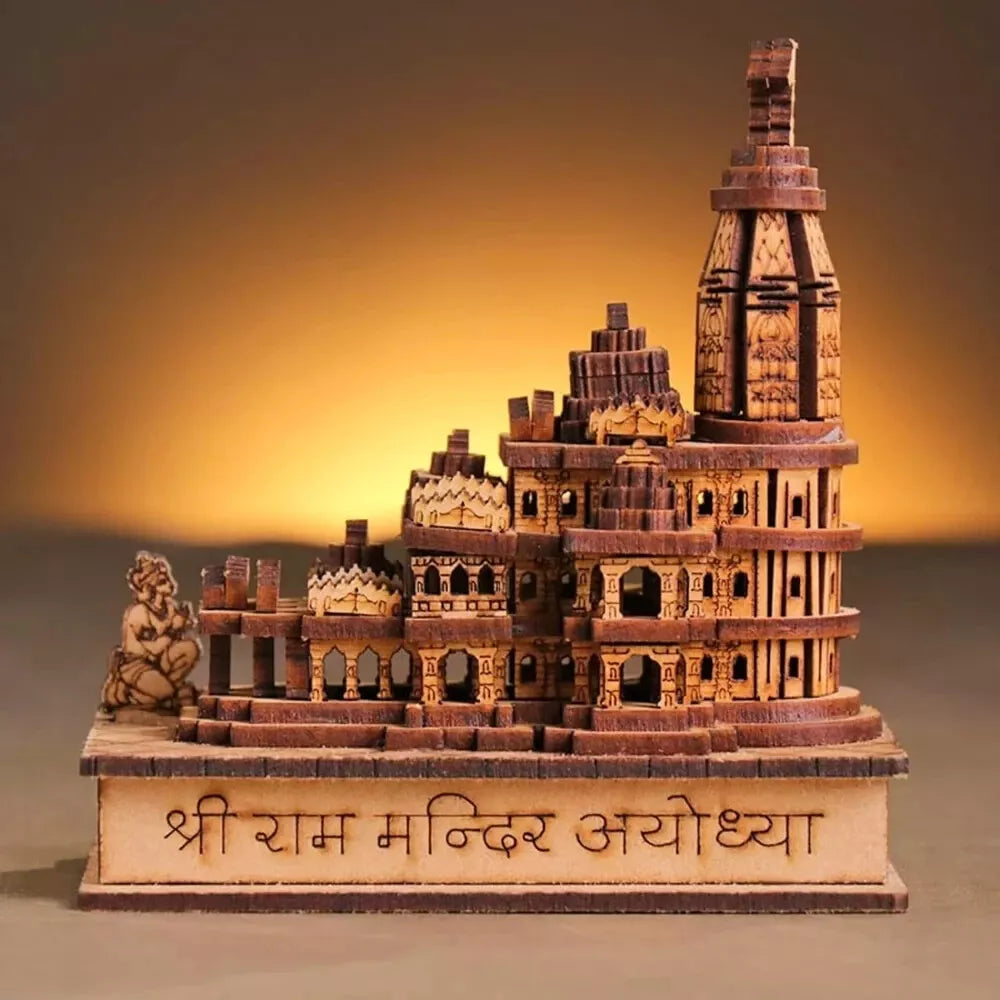 Shri Ram Mandir Ayodhya 3D Model Wooden Hand Carved Temple Decorative Showpiece - Kalesh Monk