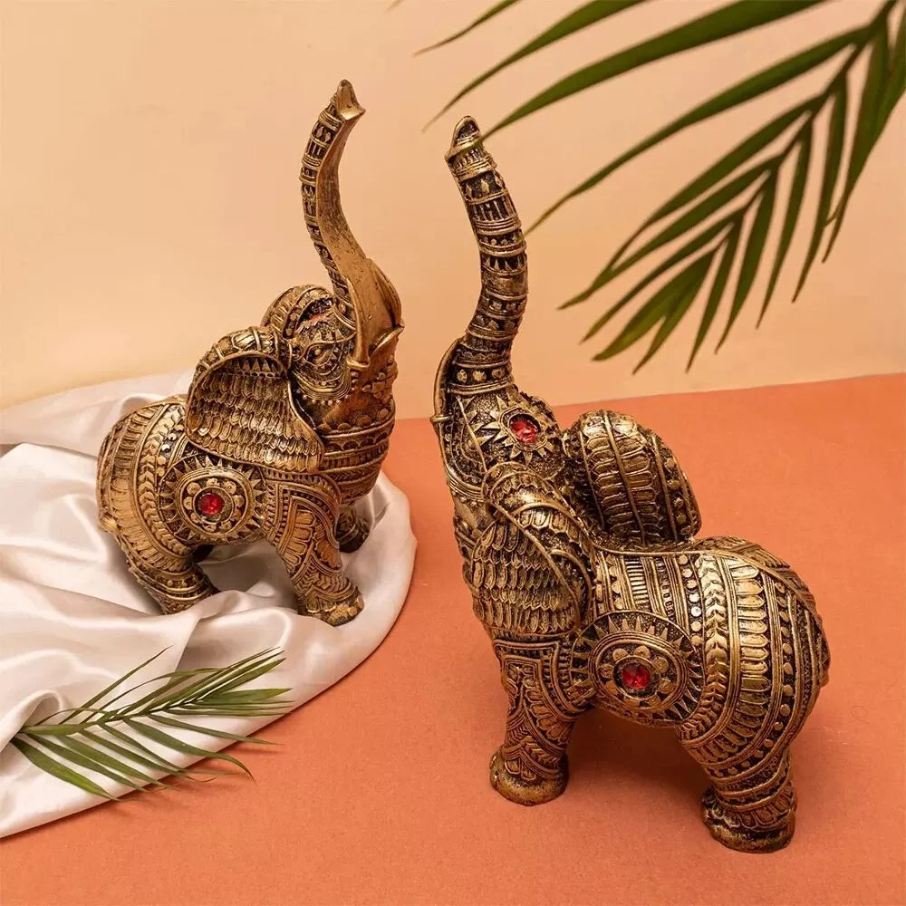 Set Of 2 Trunk Up Elephant Family Statue Showpiece Figurine indian Handicraft - Kalesh Monk