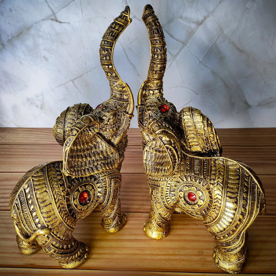 Set Of 2 Trunk Up Elephant Family Statue Showpiece Figurine indian Handicraft - Kalesh Monk