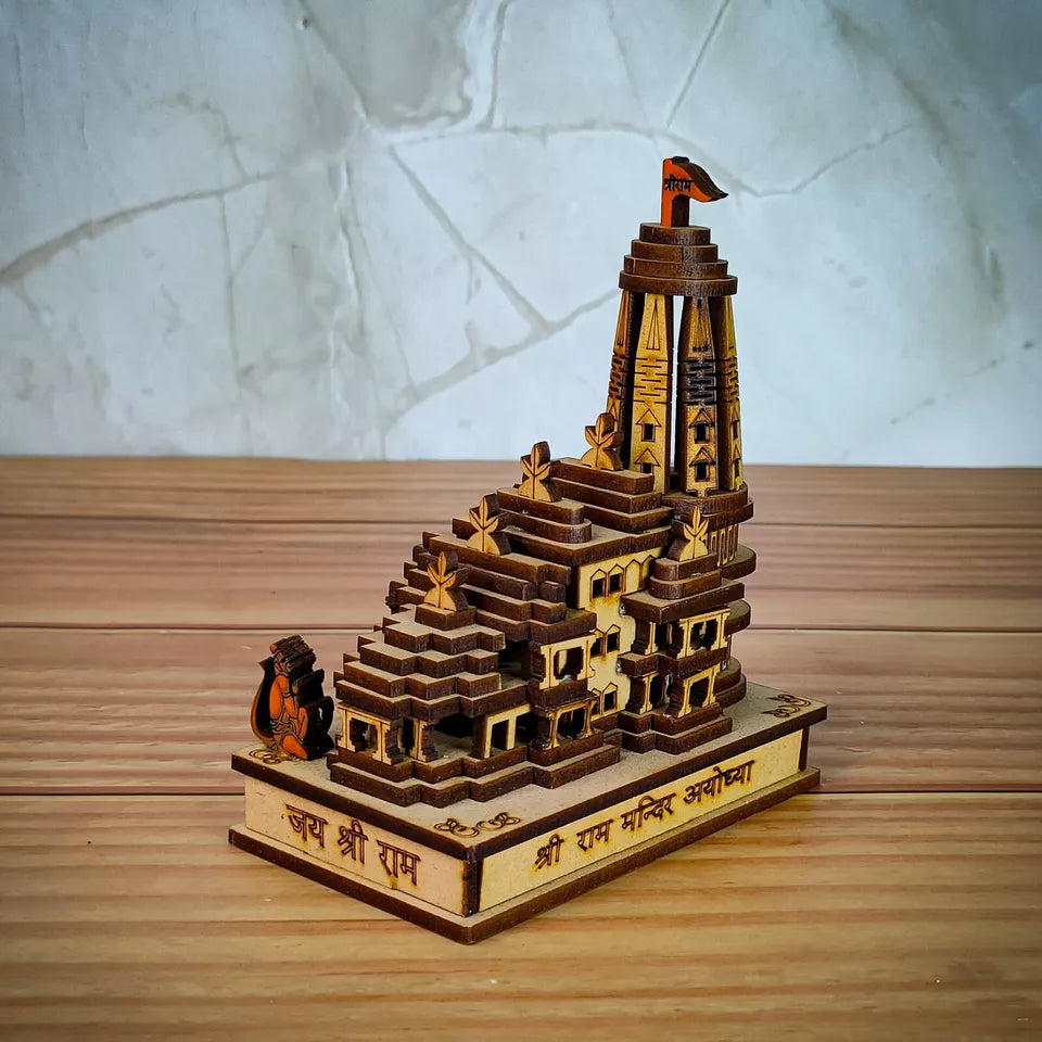 Shri Ram Mandir Ayodhya 3D Model Wooden Hand Carved Temple Decorative Showpiece - Kalesh Monk