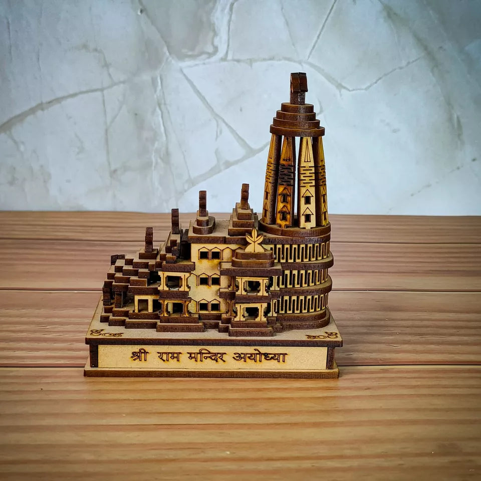 Shri Ram Mandir Ayodhya 3D Model Wooden Hand Carved Temple Decorative Showpiece - Kalesh Monk