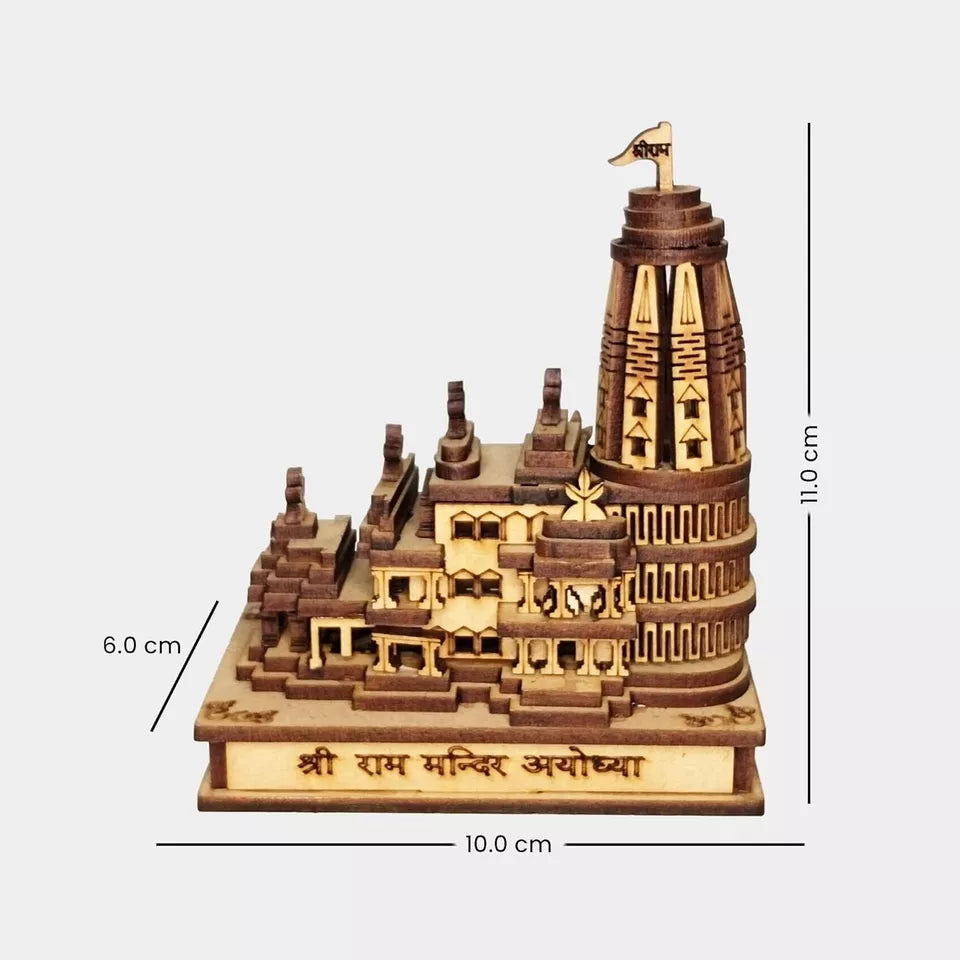 Shri Ram Mandir Ayodhya 3D Model Wooden Hand Carved Temple Decorative Showpiece - Kalesh Monk