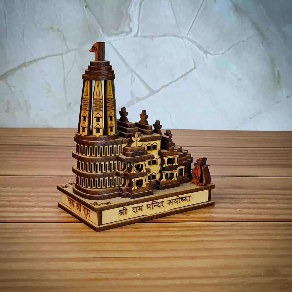 Shri Ram Mandir Ayodhya 3D Model Wooden Hand Carved Temple Decorative Showpiece - Kalesh Monk